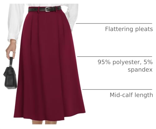 Image of Casly Lamiit A-Line Midi Skirts for Women Business Skirt | Elastic High Waisted, Pleated with Pockets, Work Skirts Casual