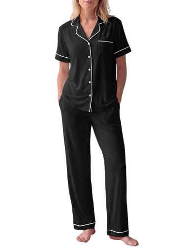 Image of HNG Women Pajamas Set 2 Piece Button Up Pajamas Pant and Short Sleeve Shirt for Woman Pj Sets with Pocket