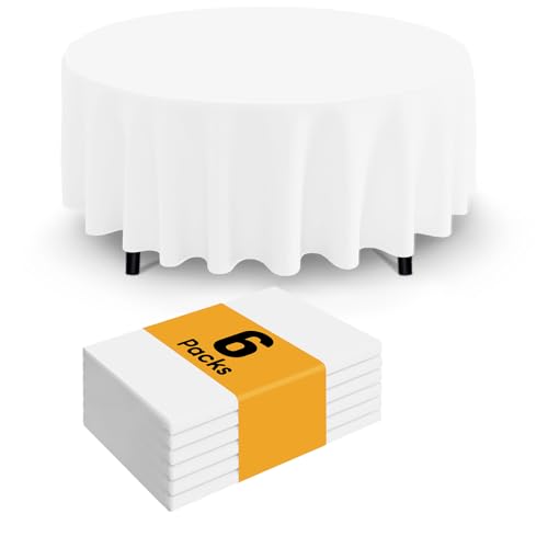Image of Smiry Disposable Table Cloth - 6 Pack, 84 Inch Round Waterproof Tablecloths for Parties, Decorative Plastic Table Cover, Leakproof & Sturdy, White