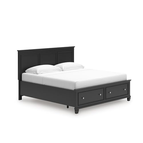 Image of Signature Design by Ashley King Storage Bed Frame and Headboard, Black | Extra-deep footboard drawers, Hardwood solids, birch veneer and MDF substrate storage bed frame, Lanolee Series
