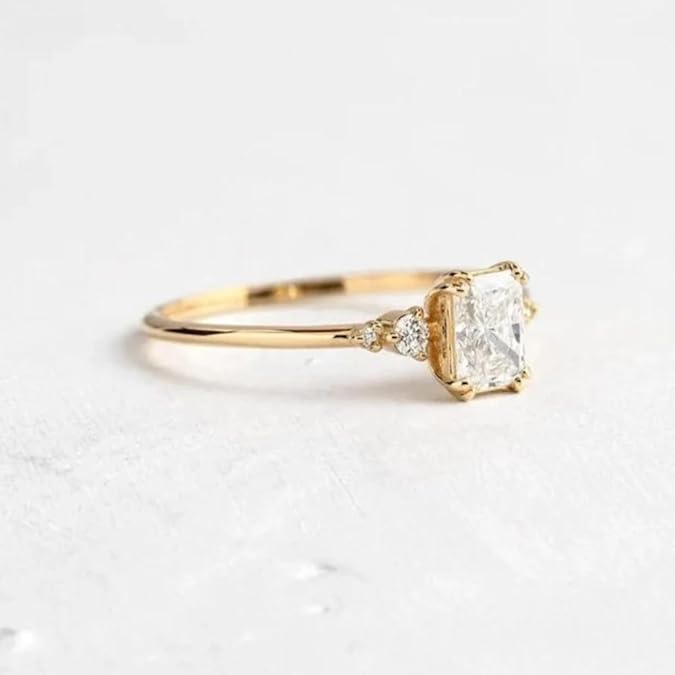 925 Sterling Silver Radiant Cut Engagement Ring for Women, 14K Gold Plated Three-Stone Created Diamond Promise Ring, Dainty Wedding Band, Sizes 4-13