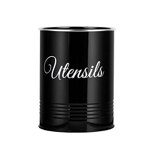 Innoteck Essentials Metal Utensil Crock Holder - Farmhouse Countertop Décor - Utensil Pot - Kitchen Utensil Storage Caddy Organizer - Non-Slip - For spoons, spatulas, forks, knives (Black)