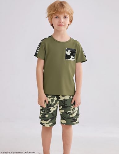 Image of mksodopy Boys Summer Outfit Set 2 Piece T Shirt and Camo Shorts Casual Clothes for Little Big Boys 5-16
