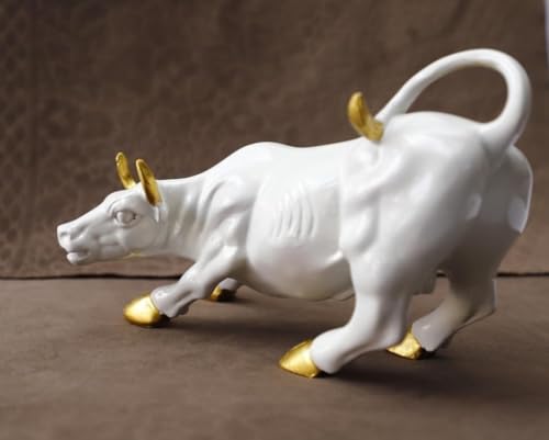 Image of UAG Exports White & Golden Gloss Geometric Charging Bull Idol | Polyresin Bull Statue for Stock Market Success, Office Desk Decor, Trading Room Showpiece Gifting (9 Inch)