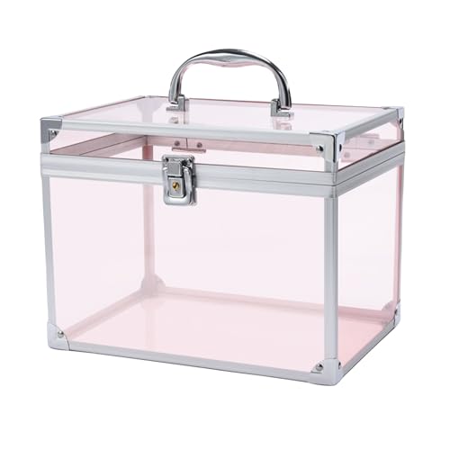 Crown Box, Clear Cosmetic Case, Acrylic Artists Display Case, Toiletry Train Case with Latches & Handle Large Capacity Acrylic Travel Makeup Tools Box for Vanity Dresser Bathroom Counter (Silver-Pink)