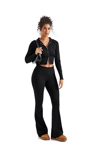 SUUKSESS Women 2 Piece Knit Sets Cropped Zip Up Hoodie Foldover Flare Leg Pants4