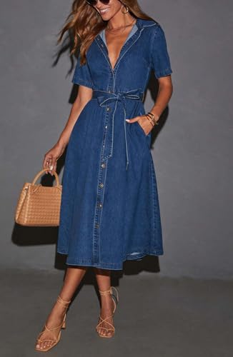 utcoco Women's Denim Shirt Dress with Belt Elegant Short Sleeve Button Down Midi Dress with Pockets4