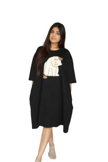 Image of LAMA STORE Women's Printed Oversized T-Shirt Dress, Cotton, 3 /4 Sleeve Length, Casual Loose Fit, Comfort Wear Extra Comfy Oversized Printed Pocket T-Shirt Dress