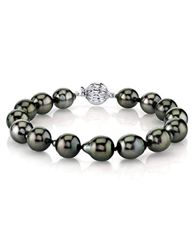 The Pearl Source 14K Gold 10-11mm Drop-Shape Genuine Black Tahitian South Sea Cultured Pearl Bracelet for Women