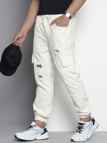 Image of The Indian Garage Co Men Regular Fit Solid Mid-Rise Stretchable Denim Cargo Joggers