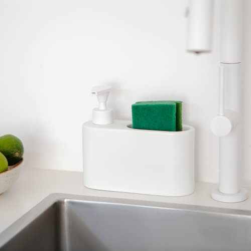 Kook Time Ceramic Soap Dispenser with Sponge Holder - Slim Kitchen Sink Organiser 500ml, Dispenser Matt White - Image 2