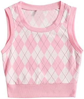 Verdusa Women's Argyle Print Sleeveless Scoop Neck Tank Sweater Vest Top Pink M