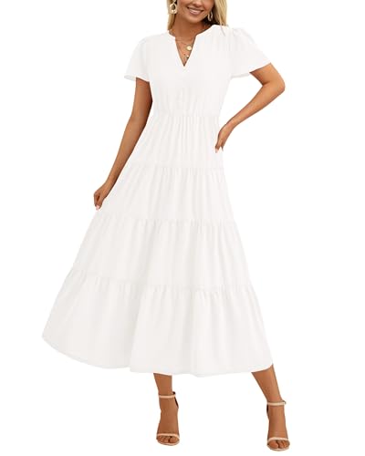 PRETTYGARDEN Women Summer Midi Dresses 2025 Casual Short Sleeve V Neck Belted Tiered Ruffle Vacation Dress with Pockets