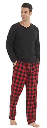 YUSHOW Mens Pajama Set Long Sleeve Henley Neck Button Top Plaid Pants Soft Warm Loungewear Sleepwear Set3