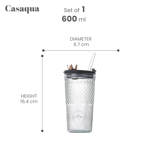 Image of Fashion Glass Cup with Lid and Straw - 600ml, Set of 1, Glass Cups, Clear Glassware for Kitchen, Home Heat Resistant Drinking Tumbler Office Ice Coffee Glasses Tea Mug
