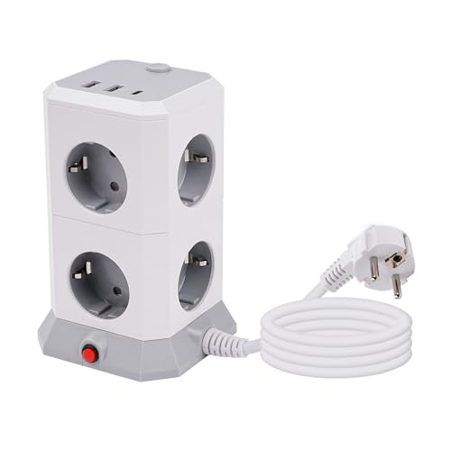 DewinLVD 11 en 1 Regleta de Enchufes, Enchufe Multiple con Interruptor 8 Tomas 4000W/16A 2 USB-A 1 USB-C Adaptador de Toma de Corriente con Cable de Extensión de 1,8 Metros para la Oficina en Casa.
