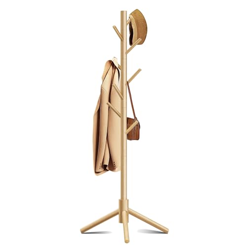 Azaeahom Wooden Coat Rack, Free Standing Coat Rack with 8 Hooks 3 Adjustable Heights for Clothes, Hats, Handbags, Coat Tree Easy Assembly for Entryway, Bedroom, Hallway, Office (New Nature)