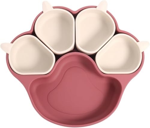 Barinoベビー食器 離乳食プレート 吸盤付き お食事 シリコン ひっくり返らない 吸盤ボウル 滑り止め 離乳食 仕切り 小皿 赤ちゃん お食事セット 出産お祝い ギフト 電子レンジ可/冷凍可/煮沸可/食洗機対応 (ワインレッド,+小皿4枚)