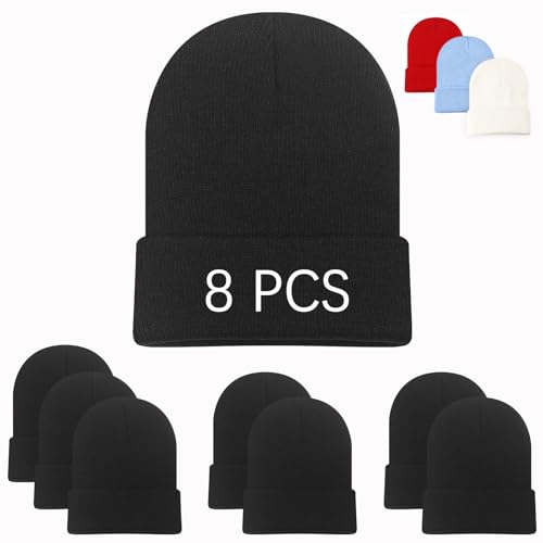 8 PCS Beanies Hats Men Beanie for Women Winter Knitted Hat Stocking caps Soft Ski Hat Warm Blank Black Ideal Gifts for Shelters Charities