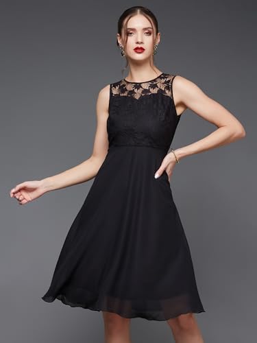 Image of Miss Chase Women's Round Neck Sleeveless Polyester Ruffled Knee- Length Dress