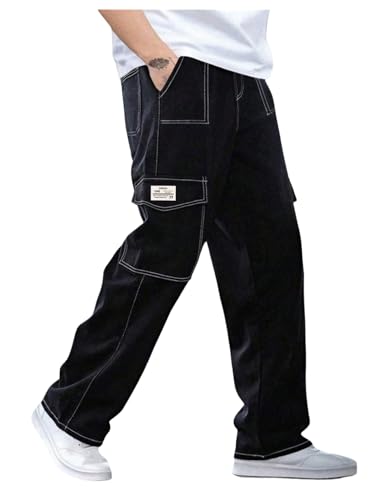 Men's Wide Leg Cargo Pants Flap Pocket Elastic Waist Casual Trousers Streetwear