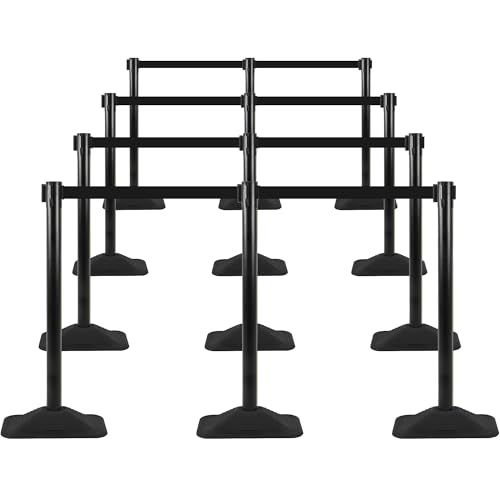 12 Pack Stanchions with Retractable Belts - Crowd Control Barriers with Weighted Rectangle Rubber Base, 10FT Retractable Belt Stanchions for Queue Line, Events, Public Safety(Black，12 Pack）