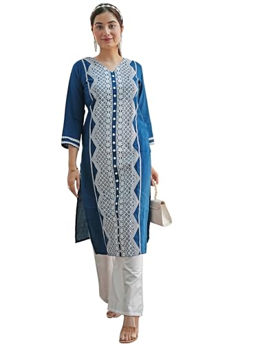 Image of EthnicJunction Women's Cotton Rayon Regular Fit Chikankari Embroidery Stright Kurta