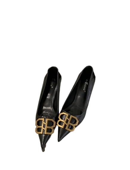 women's pointed toe patent leather pumps with bold gold-toned interlocking buckle detail – sophisticated high-shine stiletto heels for office