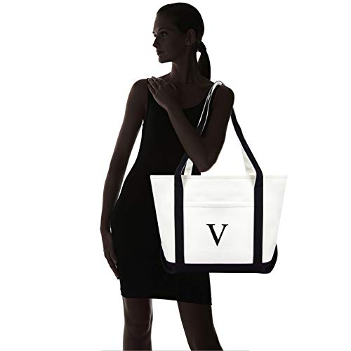 DALIX 20" V-Initial Tote Bag Monogrammed Cotton Canvas in Black2