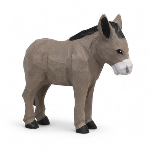 LOGOFUN Wooden Donkey Figurine Wood Carved Statue Handmade Lifelike Animal Sculpture for Home Office Bookshelf Desktop Decoration