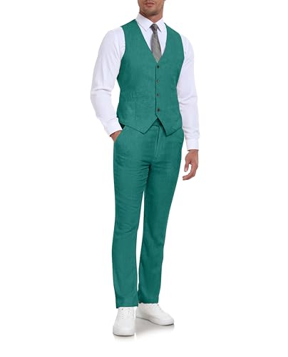 Men's Linen Suits 2 Pieces Slim Fit Men Dress Casual Linen Suit Tuxedos Summer Beach Wedding Prom Vest Pants Set