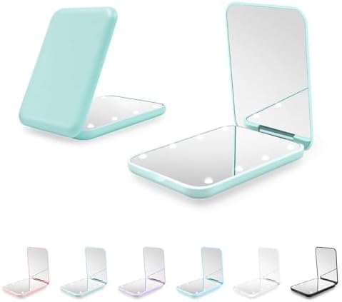 Kakuje Compact Mirror with Light, 1X/2X Magnification LED Pocket Mirror with USB Data Cable, Mint Green Mini Mirror for Purse, Pocket,Travel and Gift