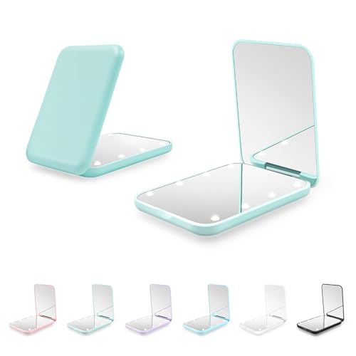 Kakuje Compact Mirror with Light, 1X/2X Magnification LED Pocket Mirror with USB Data Cable, Mint Green Mini Mirror for Purse, Pocket,Travel and Gift