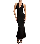 winkbay Women's Halter Deep V Neck Bodycon Dress Ruched Fishtail Backless  Cocktail Maxi Dresses Black X-Small at Amazon Women's Clothing store