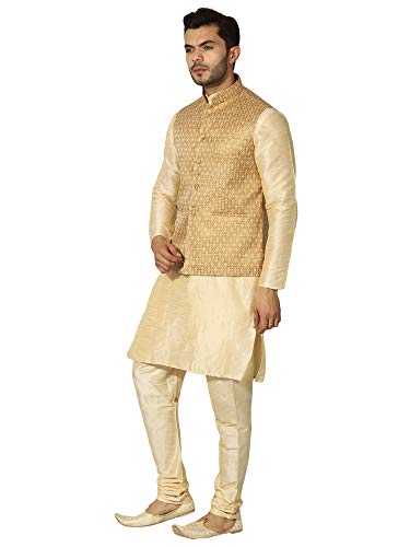 Image of Uri and MacKenzie Men's Silk Blend Regular Kurta Churidar Pyjama with Bundi Nehru Jacket /Waistcoat