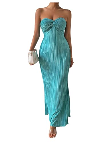 Milumia Women's Twist Front Strapless Bodycon Dress Summer Split Thigh Maxi Tube Dresses Vacation Outfits