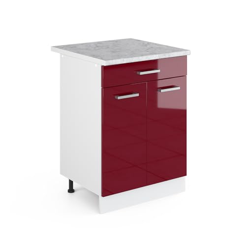 Vicco Meuble Bas Universel R-Line, Rouge Bordeaux Haute Brillance, 60cm avec tiroirs, adapté au Rangement Peu encombrant dans Les Cuisines équipées