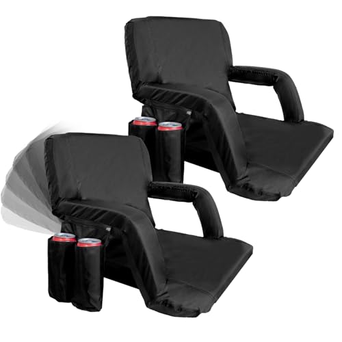 Set of 2 Stadium Seats for Bleachers with Back Support, Padded Cushion Portable Reclining Bleacher Seats, Outdoor Folding Chairs for Adults, Camping Stadium Chair Waterproof (Black)