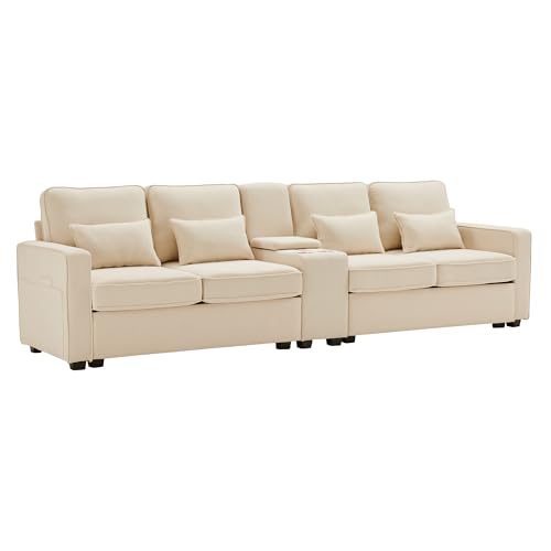 SOFTWEARY Big-Sofa mit Zwischentisch, Getränkehaltern und USB-Anschlüssen, inkl. Loser Zier- und Rückenkissen, Leinen Bezug (beige mit Zwischentisch)