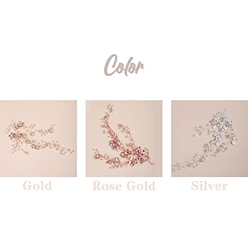 Pearls Crystal Rhinestone Headband Rose Gold Leaf Flowers Bride Hair Vine Women Girls Rose Gold Wedding Hair Accessories Rose Gold Bride Headbnad for Wedding Women and Girls - Image 3