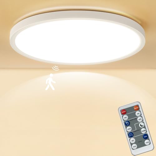 Plafoniera LED a soffitto dimmerabile con sensore di movimento e telecomando, 24W 2400Lm Lampadario con Sensore 5.8G Radar, IP44 3 temperature di colore, Ideale per garage scala corridoio balcone