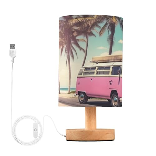 SDMKA Pink Bus Pattern Bedside Table Lamp for Bedroom, Minimalist Nightstand Lamp with Round Fabric Shade for Living Room, Office, No Bulb Required