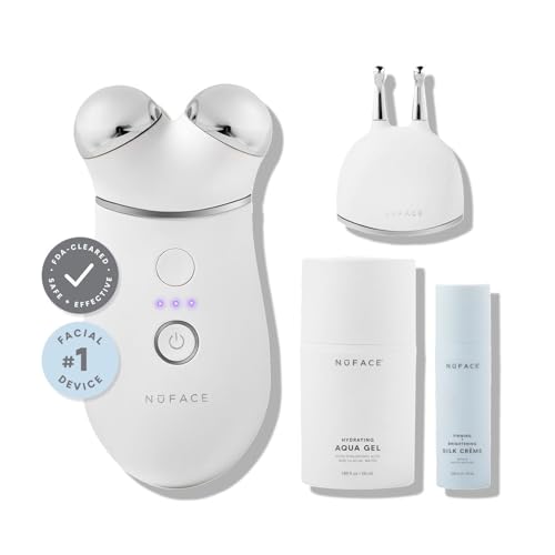 NuFACE TRINITY+ Microcurrent Facial Device + Effective Lip & Eye Attachment - FDA Cleared Skin Tightening & Face Toning Device for Targeted Treatment + Microcurrent Gel Activator, Silk Crème & Brush