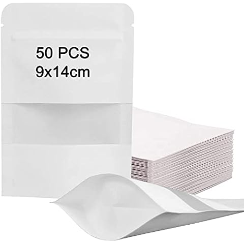HEMOER 50 Pcs Kraft Paper Stand Up Food Bags, White Reusable Ziplock Seal Bag for Dried Food, Tea, Coffee Bean, Nuts., etc Kraft Paper Food Storage Pouches Packing Bags with Transparent Window 9x14cm Cover