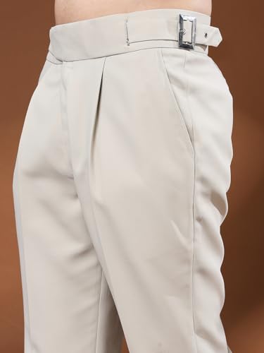 Image of Mens Beige Gurkha Pants with Classic Buckle Closure Premium Casual Bell Bottom Trousers for Men High Waist Pleated Formal & Casual Wear Pant Stylish Retro Flared Bottom Pant