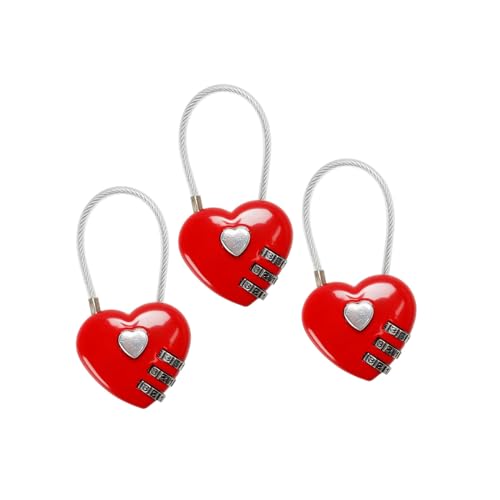 Image of 3Pcs Red Mini Love Heart Lock, Heart Padlock, Mini Code Lock,Padlocks and Hasps,Bags /Suitcase /Lockers /Backpacks /Jewelry Boxes Wire Rope 3-Digit Code Combination Padlock for Travel