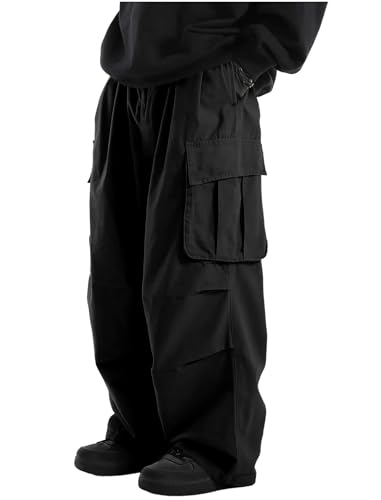 ZAFUL Men's Baggy Cargo Pants Casual Drawstring Loose Fit Hip Hop Pants Flap Pockets Trousers for Streetwear(1-Black, XL)