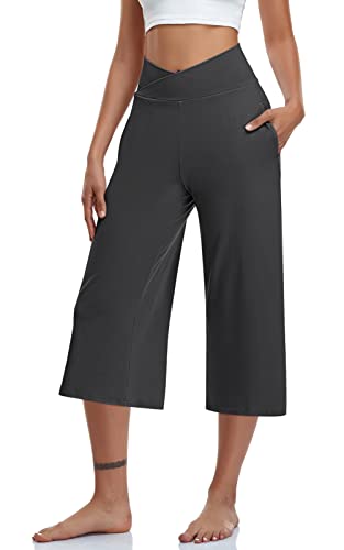Image of TARSE Womens Casual Wide Leg Yoga Capris Crossover High Waist Capri Pants Loose Soft Pajama Pockets Sweatpants