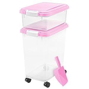 IRIS-USA-3-Piece-41-Lbs-45-Qt-WeatherPro-Airtight-Pet-Food-Storage-Container-Combo-with-Scoop-and-Treat-Box-for-Dog-Cat-and-Bird-Food-Keep-Fresh-Translucent-Body-Easy-Mobility-Pink - Cucciolini Doodles   IRIS-USA-3-Piece-41-Lbs-45-Qt-WeatherPro-Airtight-Pet-Food-Storage-Container-Combo-with-Scoop-and-Treat-Box-for-Dog-Cat-and-Bird-Food-Keep-Fresh-Translucent-Body-Easy-Mobility-Pink