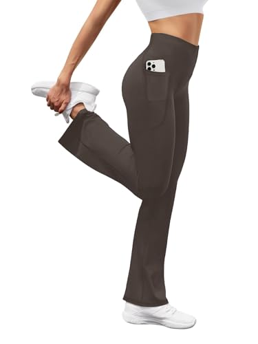 Glacspyg Damen Hose mit Taschen Yogahose Freizeit Jogginghose High Waist Sporthose Elastische Weite Bootcut Jazzpants Braun L